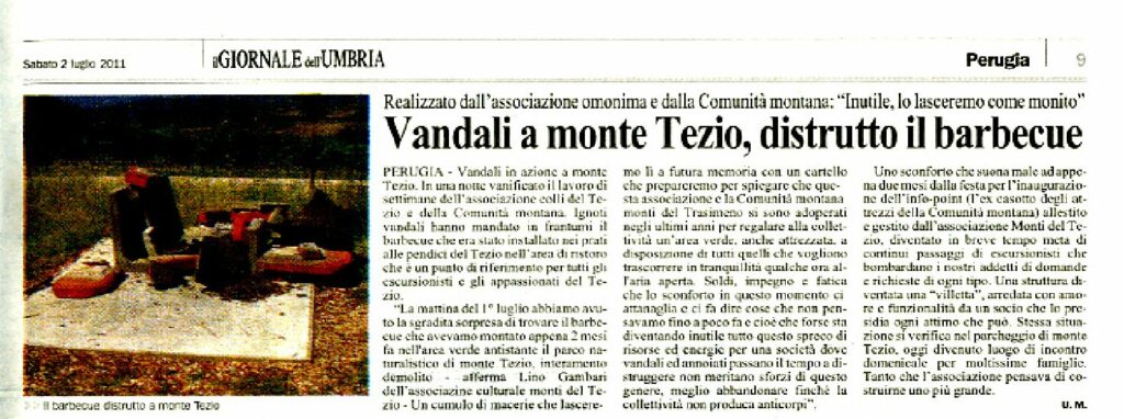 thumbnail of 02.07.2011 Giornale dell’Umbria – Vandali a Monte Tezio distrutto il barbecue