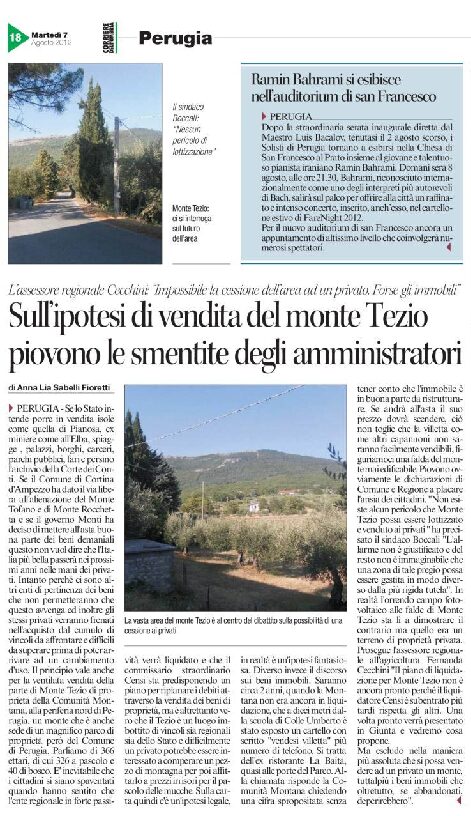 thumbnail of 07.08.2012 Corriere dell’Umbria – Sull’ipotesi di vendita del monte Tezio piovono le smentite degli amministratori