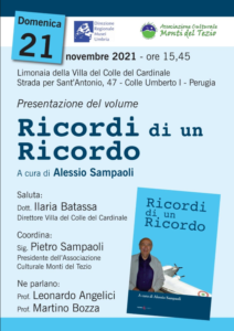 Presentazione del Libro “Ricordi di un Ricordo” di Alessio Sampaoli – domenica 21 novembre – Villa del Colle del Cardinale